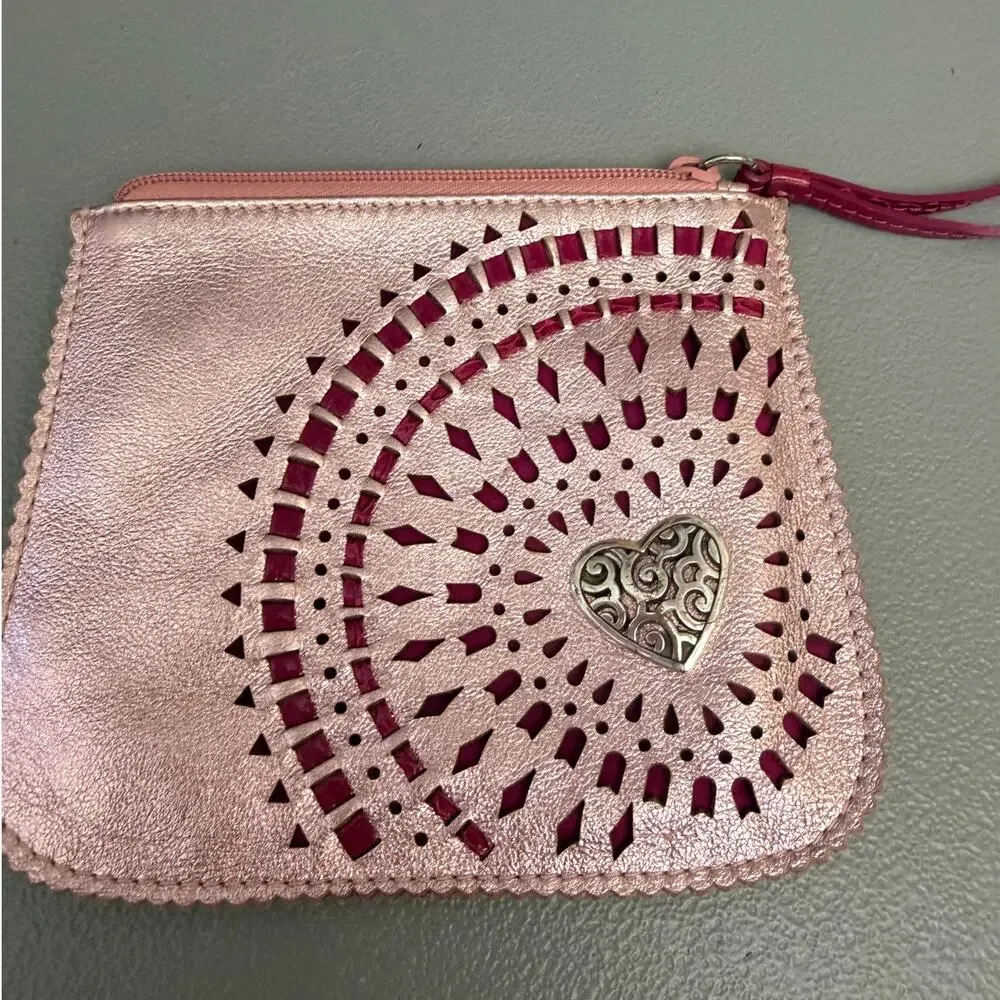 Brighton Metallic Pink Heart Zip Wallet Coin Pouch Wristlet